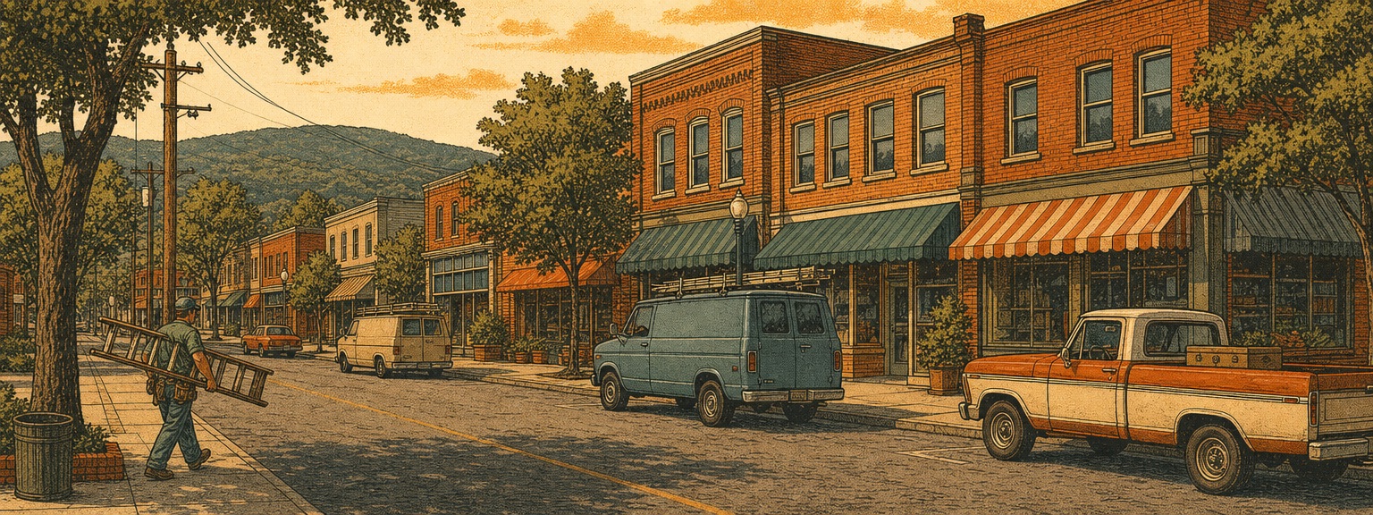 A Virginia small-town main street of home-services businesses at golden hour