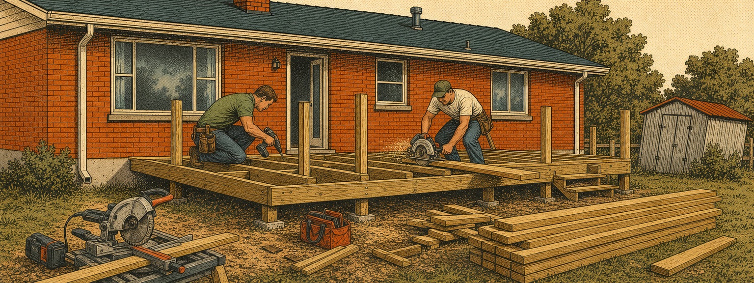 Illustration of deck builders at work in Virginia